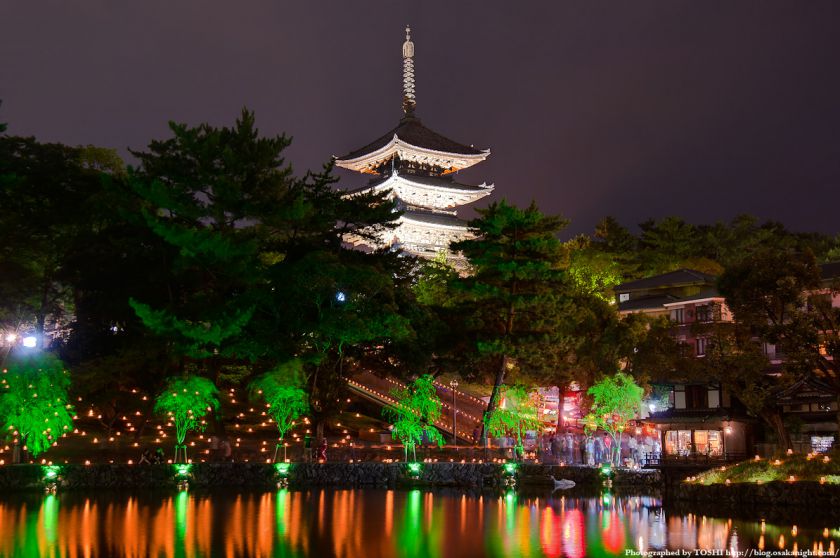 奈良・猿沢池と興福寺のライトアップ